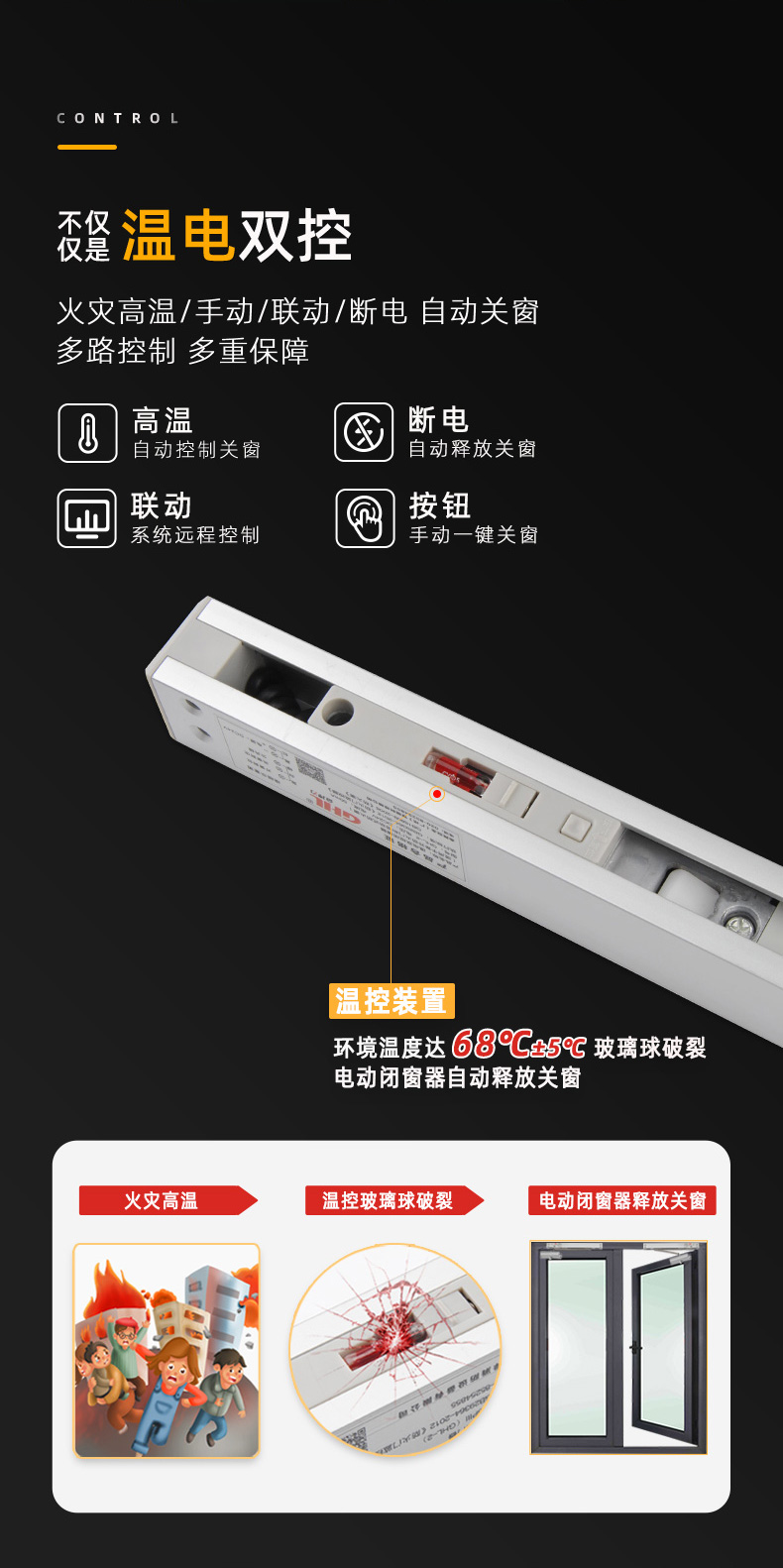 溫電雙控，火災(zāi)自動(dòng)釋放關(guān)閉防火窗